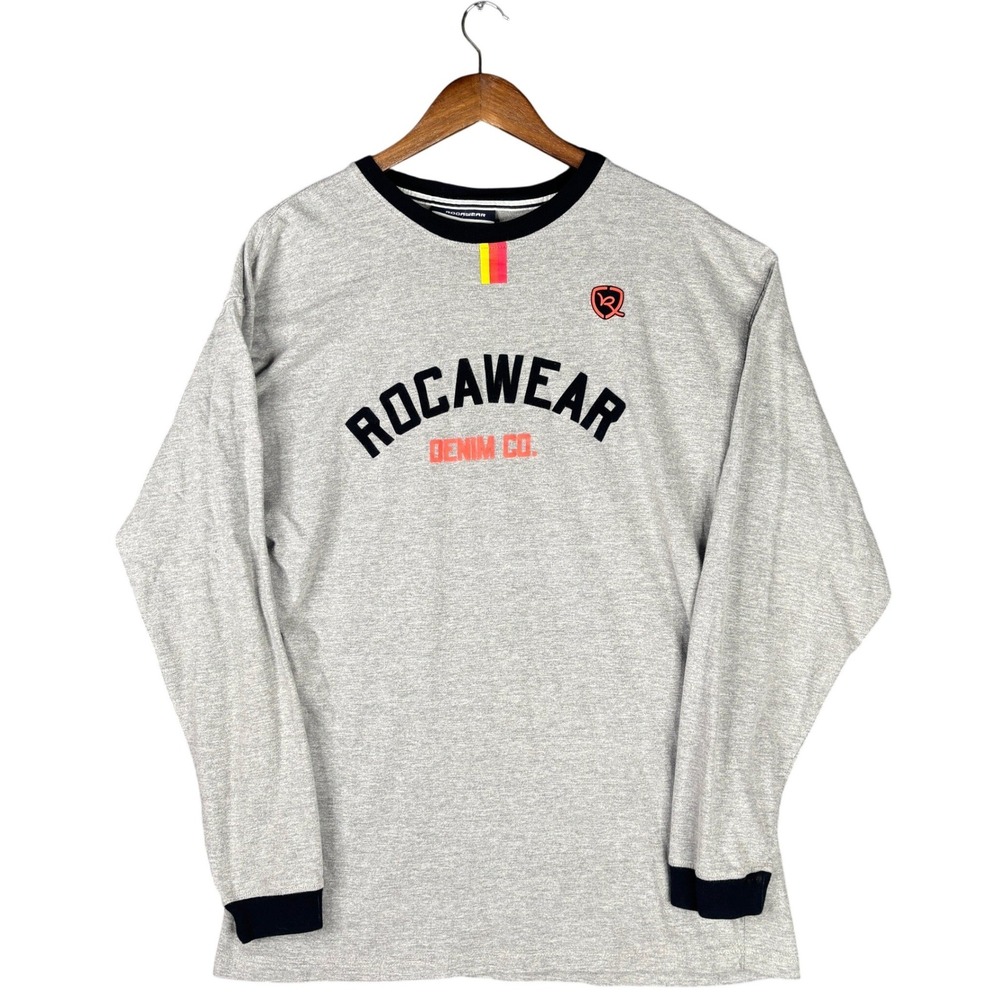 Rocawear Denim Co Mens 2XL Gray Long Sleeve Ringer T-Shirt Graphic Logo Skater